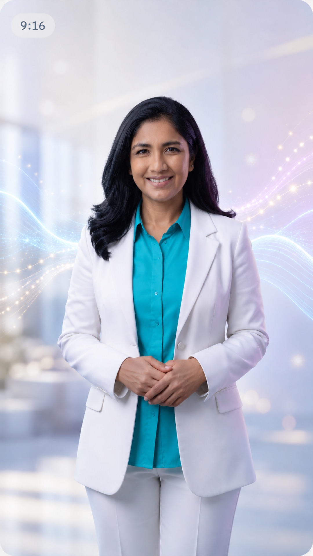 Dr. Sweta Adatia, neurologist, in front of a glowing sound wave