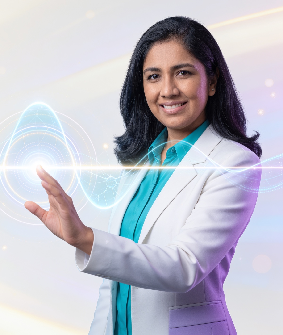 Dr. Sweta Adatia, neurologist, in front of a glowing sound wave